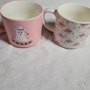 Elum Home Howdy Ghouls Pink Cowboy Ghost Coffee Mug Set of 2 Halloween Western